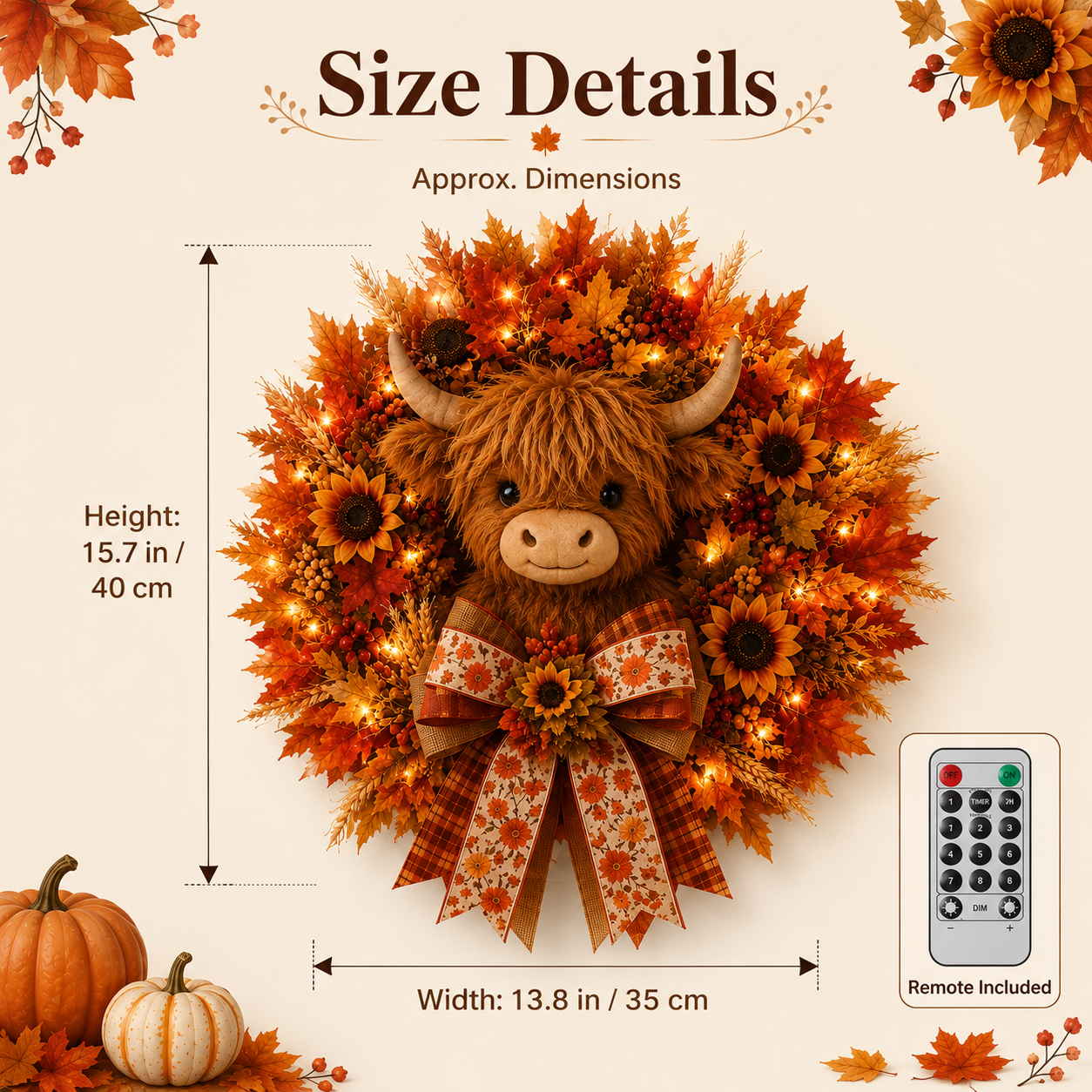 🍂🐮Autumn Highland cow wreath decoration with lights