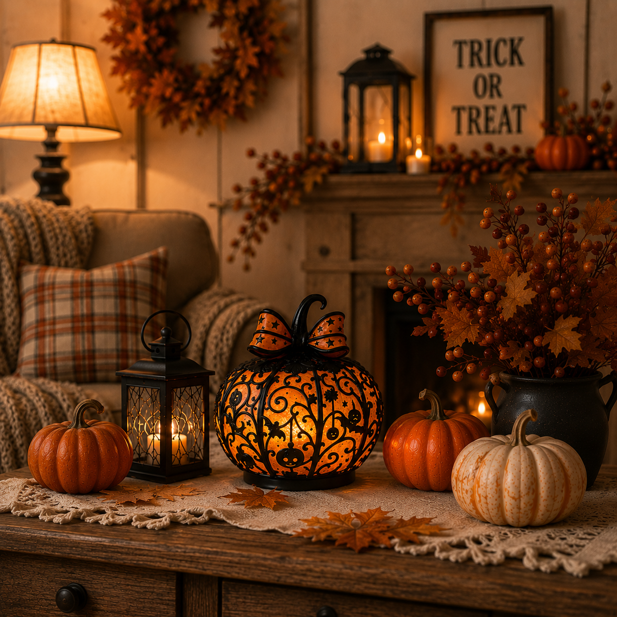 Glowing Filigree Pumpkin Lantern – Cozy Halloween Tabletop Decor