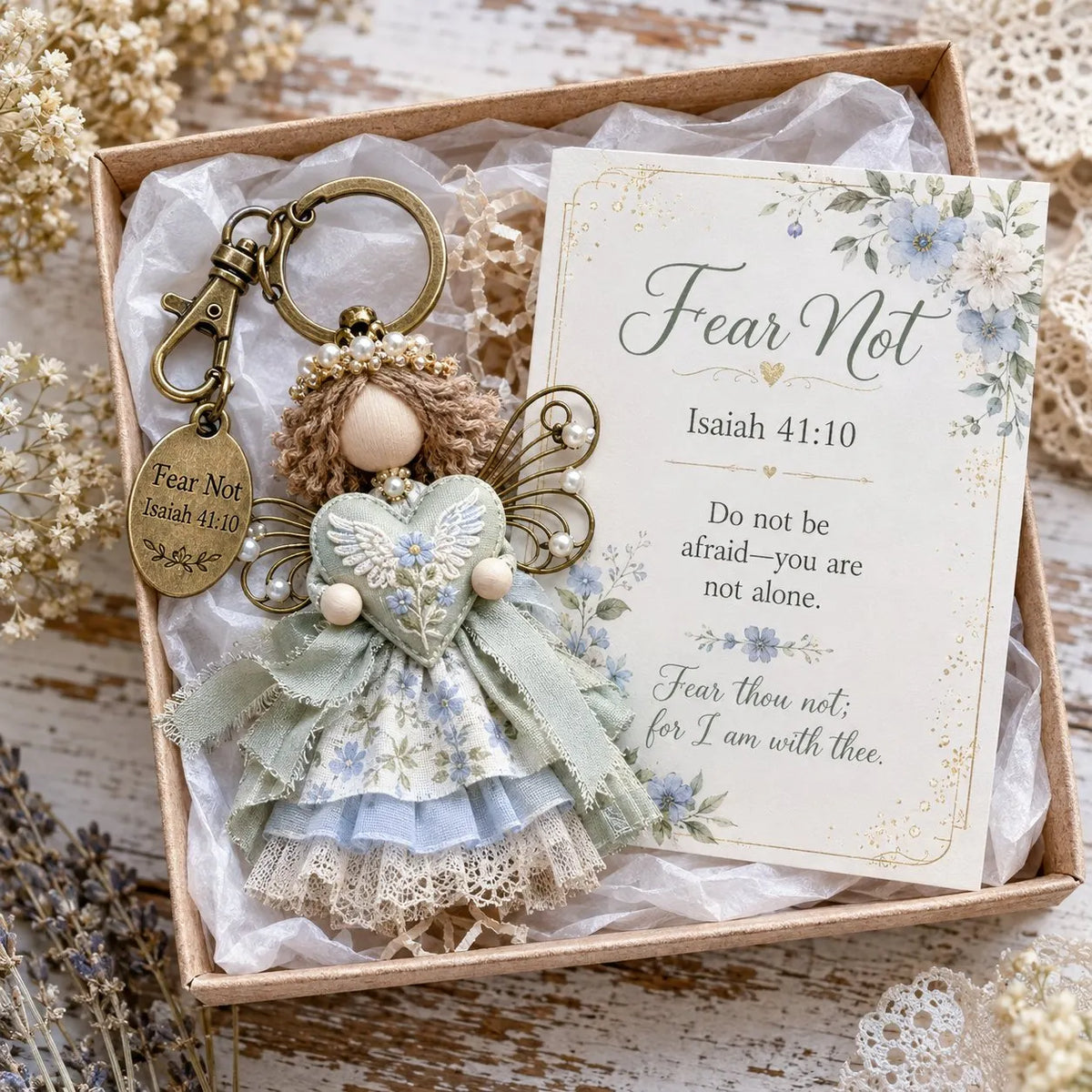 🪽 Faith Guardian Keychain Scripture Gift Set Collection | Layered Fabric Charm, Inspirational Scripture Card & Ready-to-Gift Box Included 💕