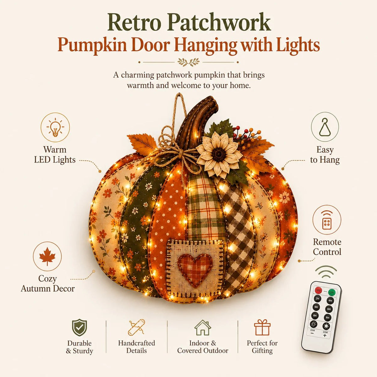 🍂🎃Retro Patchwork Pumpkin Door Hanging with Lights
