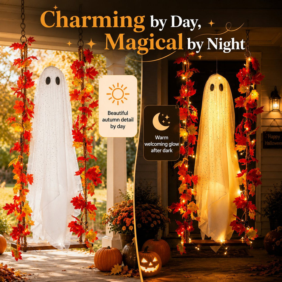 👻🍁Light-Up Maple Ghost Swing Halloween Decoration