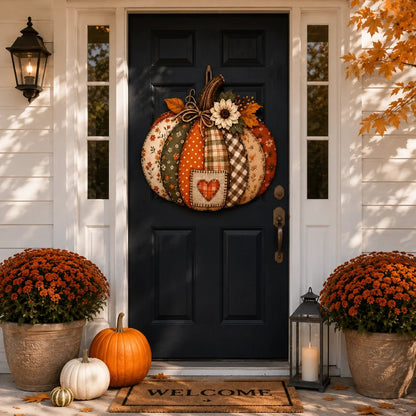 🍂🎃Retro Patchwork Pumpkin Door Hanging with Lights