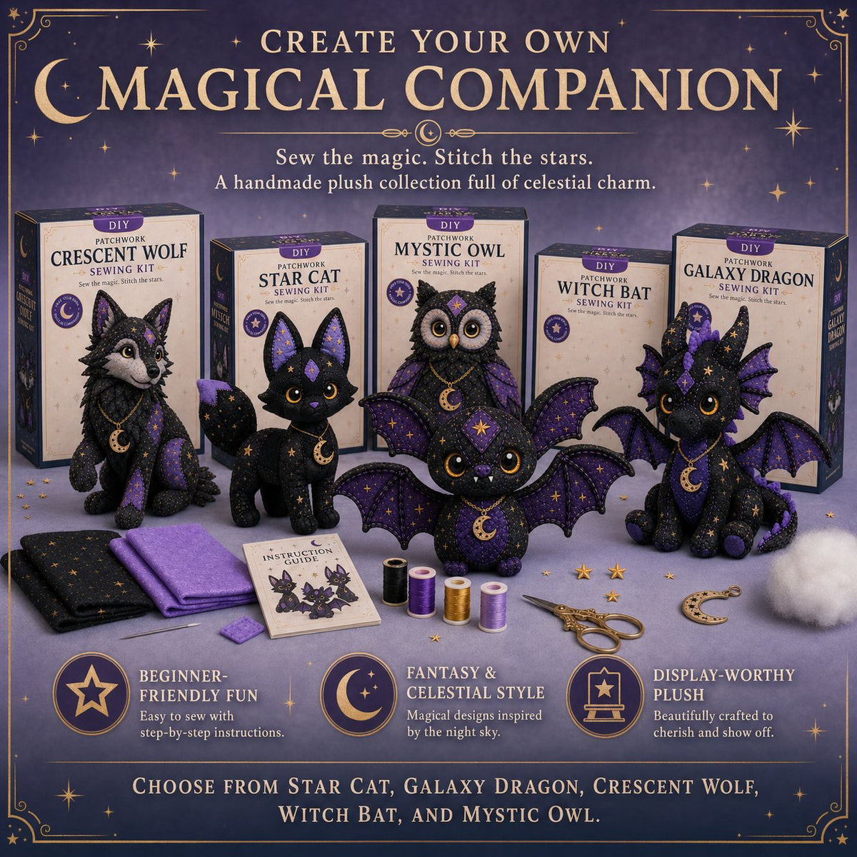🔥LAST DAY 50% OFF - 🐱Mystic Patchwork Animal Sewing Kit – DIY Plush Craft Kit with Starry Fabric, Moon Charm