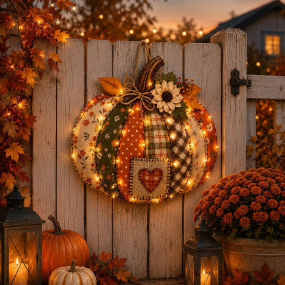 🍂🎃Retro Patchwork Pumpkin Door Hanging with Lights