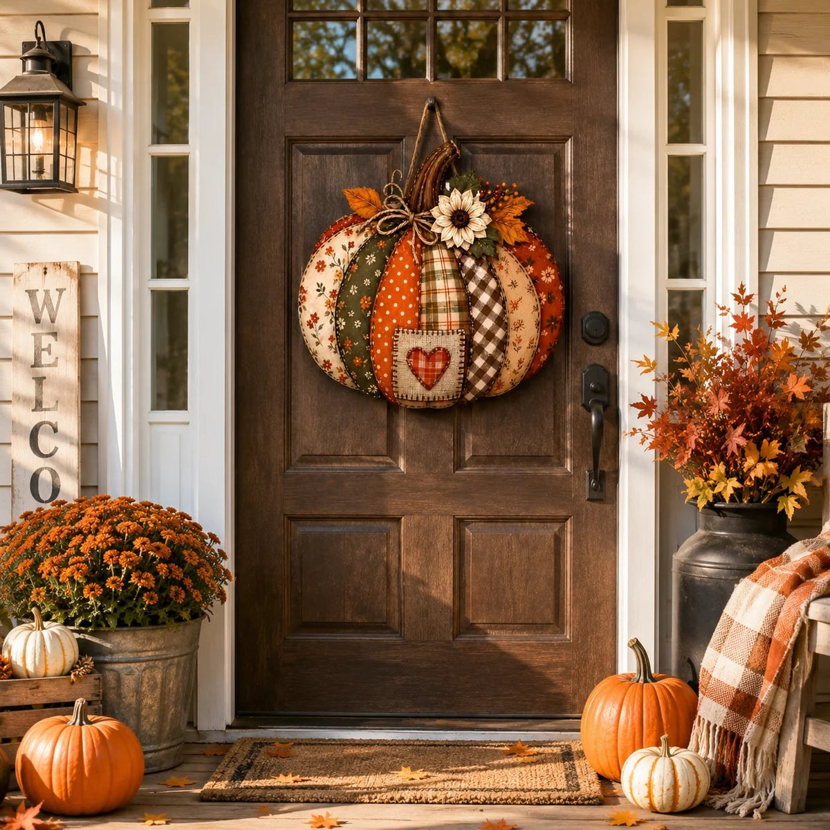🍂🎃Retro Patchwork Pumpkin Door Hanging with Lights