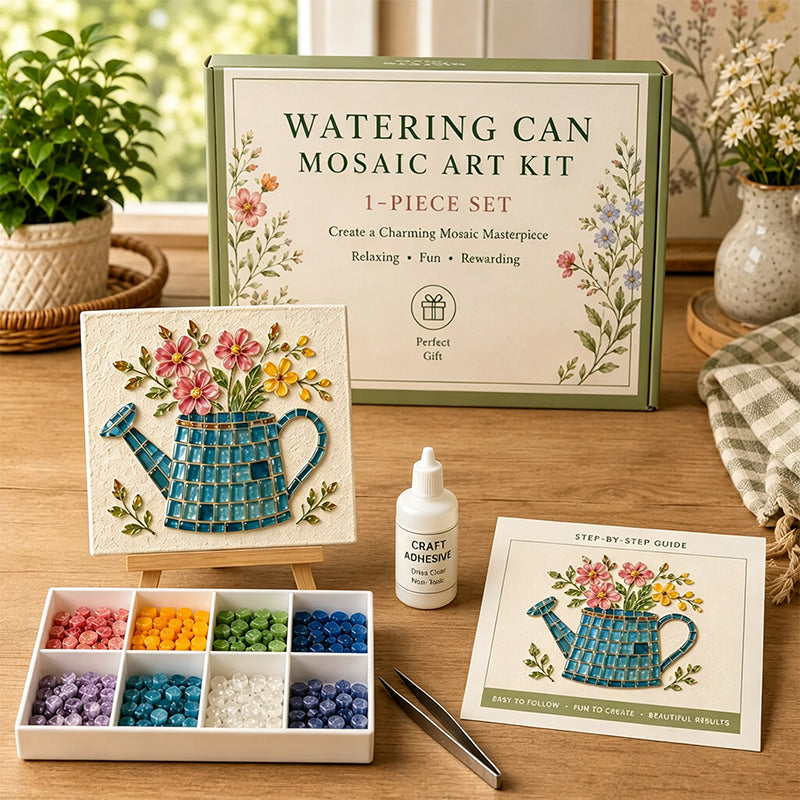 Vintage Watering Can Mosaic Art Kit – DIY Floral Garden Themed Craft, Handmade Indoor & Outdoor Wall Decor