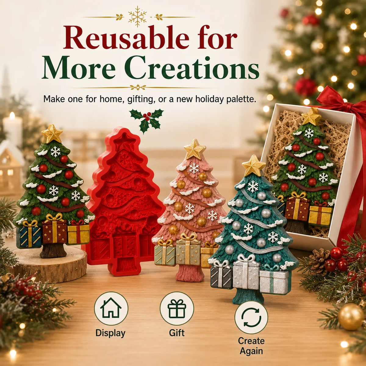 🎄Reusable Christmas Tree DIY Casting Mold | Detailed Dimensional Design with Star, Layered Branches, Ornaments, Snowflakes & Gift Box Accents ✨