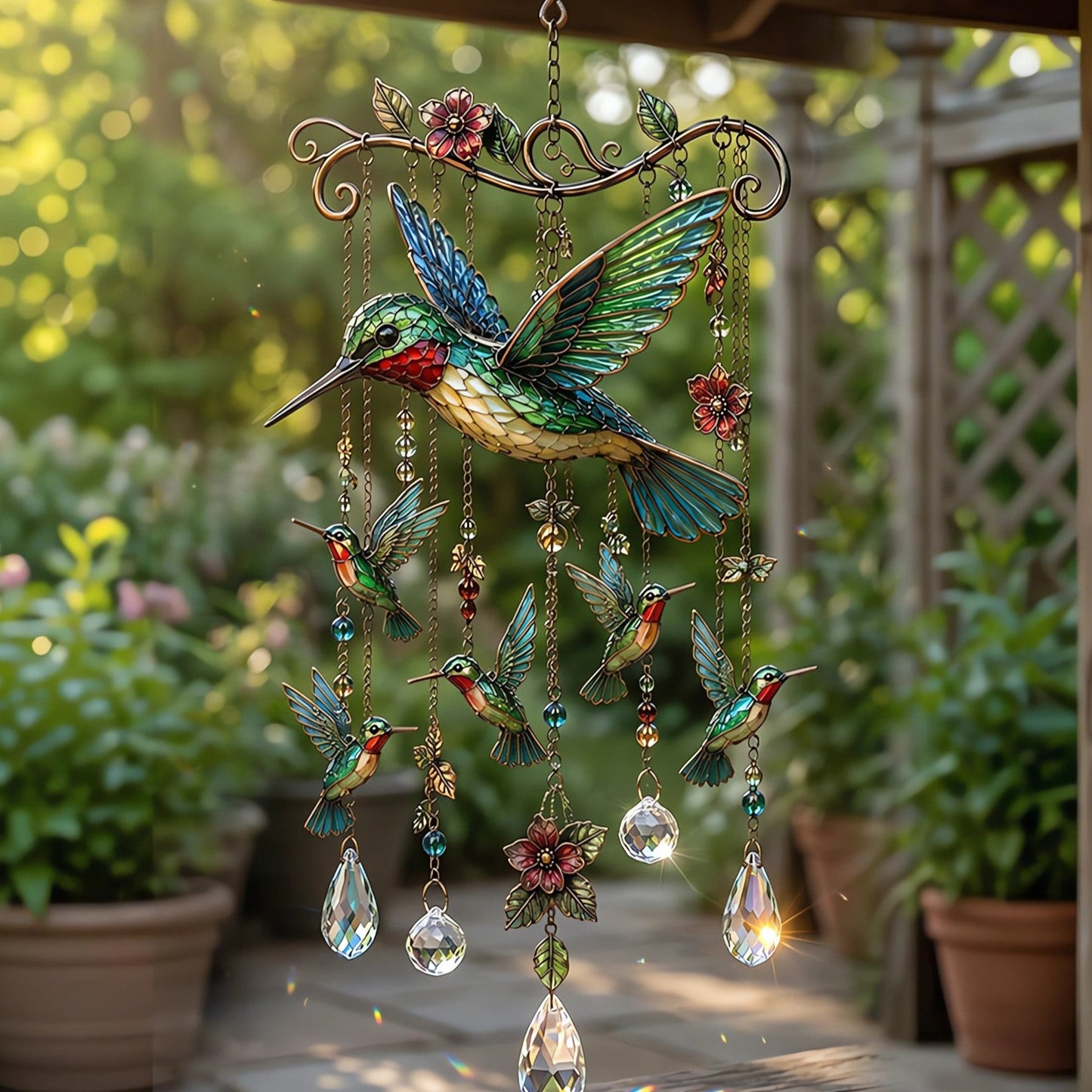 🐦 Stained Hummingbird Wind Chime – A Heavenly Melody for Your Garden