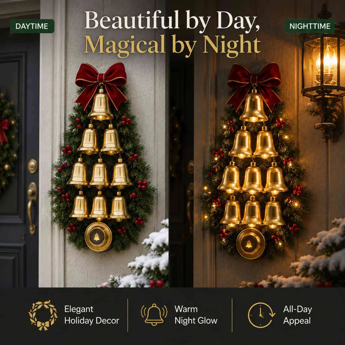 Christmas Bell Cascade Doorbell with Warm LED Lights, Musical Festive Home Decor, Front Door & Entryway Wreath Ornament, Christmas Gift for Friends