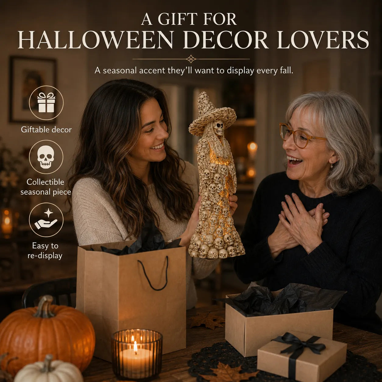 🎃 Glowing Skull Witch Halloween Statue | Cozy Spooky Indoor Decor