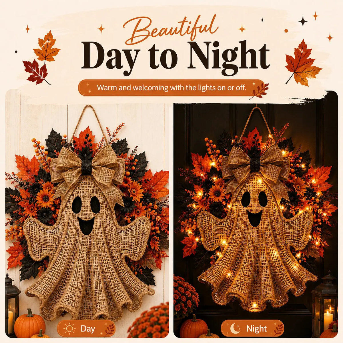 Lighted Halloween Ghost Wreath with Autumn Leaves