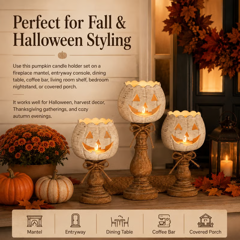 🕯 Set of 3 Rustic White Pumpkin Tealight Candle Holders | Layered Farmhouse Fall Decor For Halloween & Thanksgiving