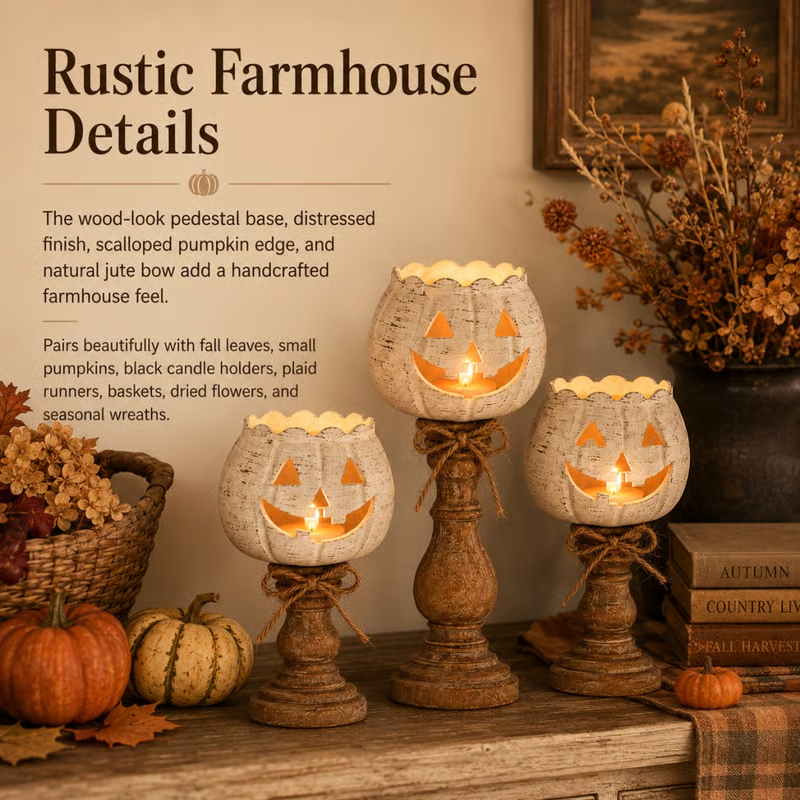 🕯 Set of 3 Rustic White Pumpkin Tealight Candle Holders | Layered Farmhouse Fall Decor For Halloween & Thanksgiving