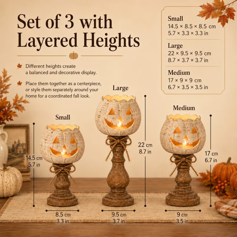 🕯 Set of 3 Rustic White Pumpkin Tealight Candle Holders | Layered Farmhouse Fall Decor For Halloween & Thanksgiving