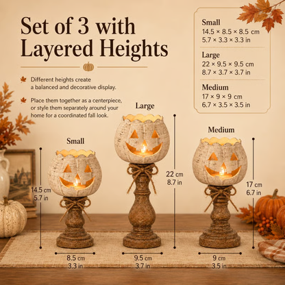 🕯 Set of 3 Rustic White Pumpkin Tealight Candle Holders | Layered Farmhouse Fall Decor For Halloween & Thanksgiving