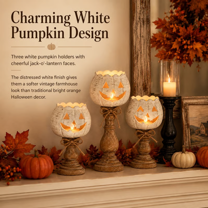 🕯 Set of 3 Rustic White Pumpkin Tealight Candle Holders | Layered Farmhouse Fall Decor For Halloween & Thanksgiving