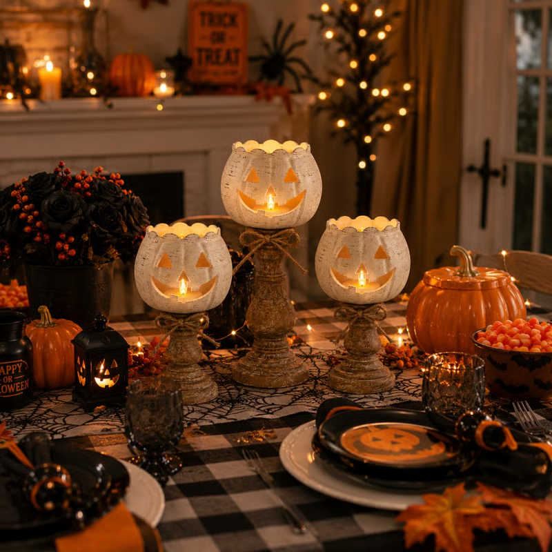 🕯 Set of 3 Rustic White Pumpkin Tealight Candle Holders | Layered Farmhouse Fall Decor For Halloween & Thanksgiving