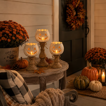 🕯 Set of 3 Rustic White Pumpkin Tealight Candle Holders | Layered Farmhouse Fall Decor For Halloween & Thanksgiving