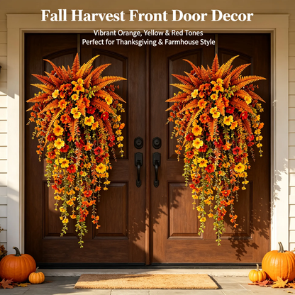 🍂 ARTIFICIAL FALL HARVEST HANGING BASKET - AUTUMN PORCH & DOOR DECORATION