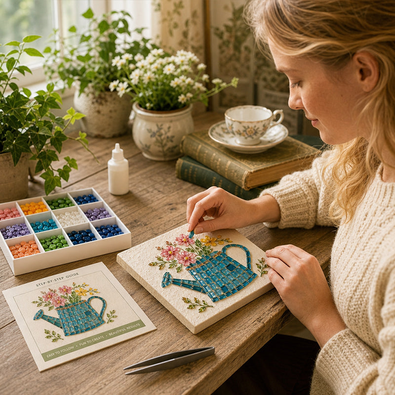 Vintage Watering Can Mosaic Art Kit – DIY Floral Garden Themed Craft, Handmade Indoor & Outdoor Wall Decor