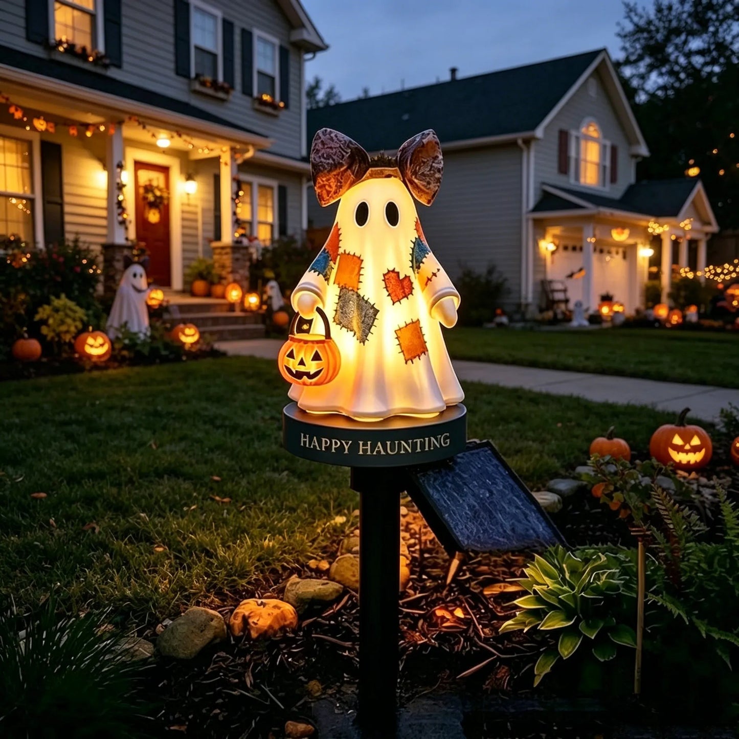 Lighted Vintage Patchwork Ghost Solar Garden Light