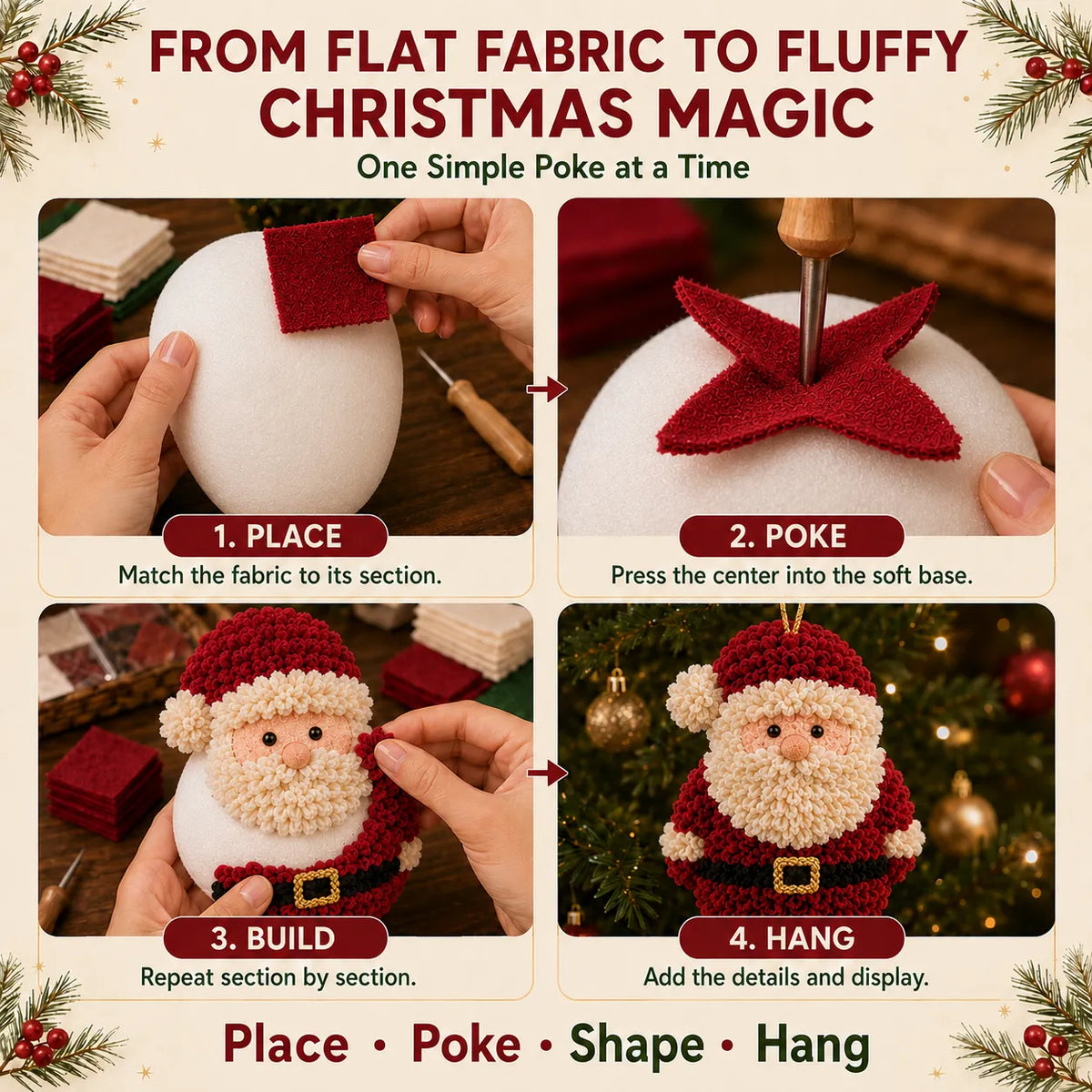 🎄3D Fabric Poke Christmas Ornament DIY Kit Collection | Complete Kit with Pre-Cut Fabrics, Stuffed Felt Base, Poking Tool & Step-by-Step Guide Included 💕