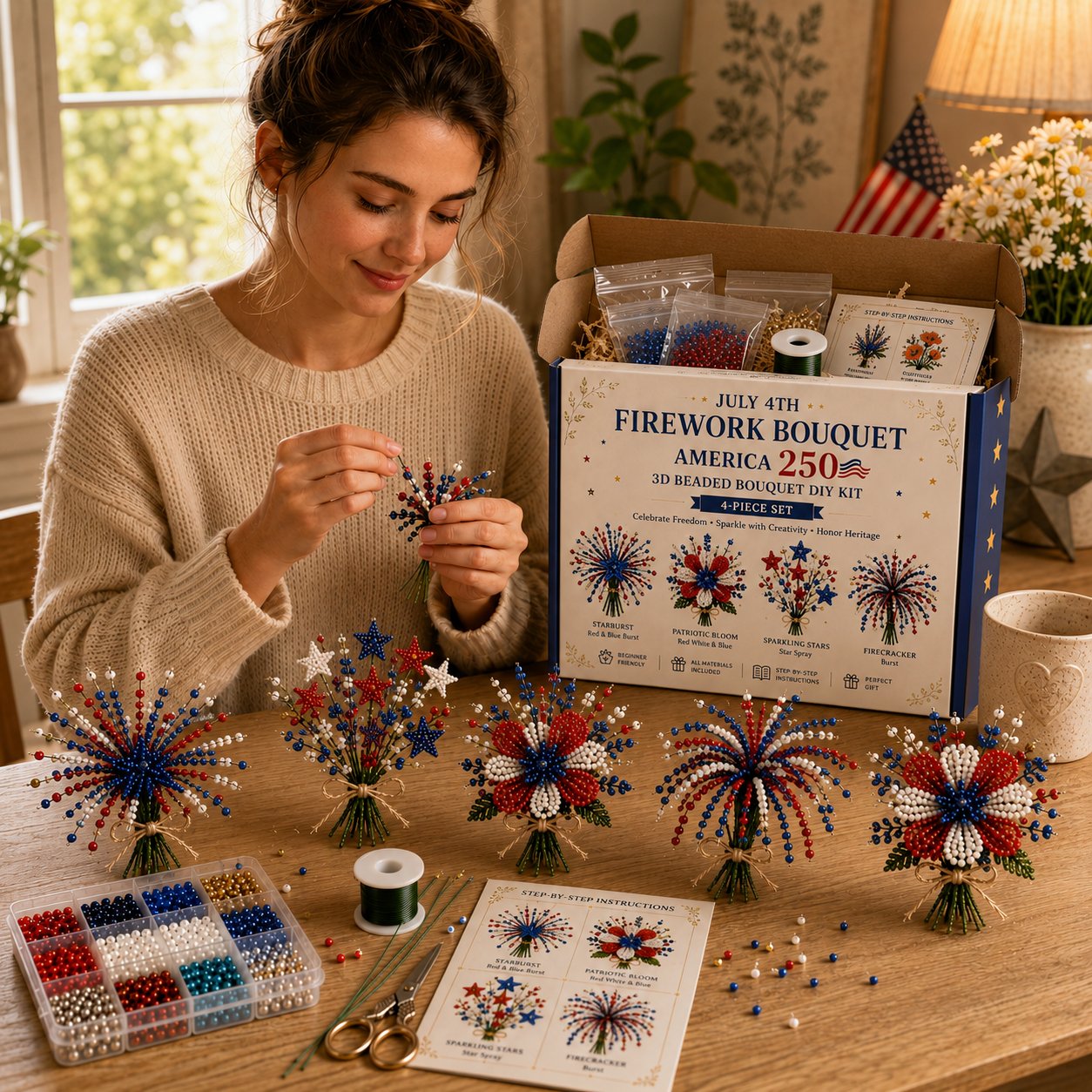 🔥LAST DAY 49% OFF-America 250 Beaded Bouquet DIY Kit – Limited Edition Patriotic Craft Collection
