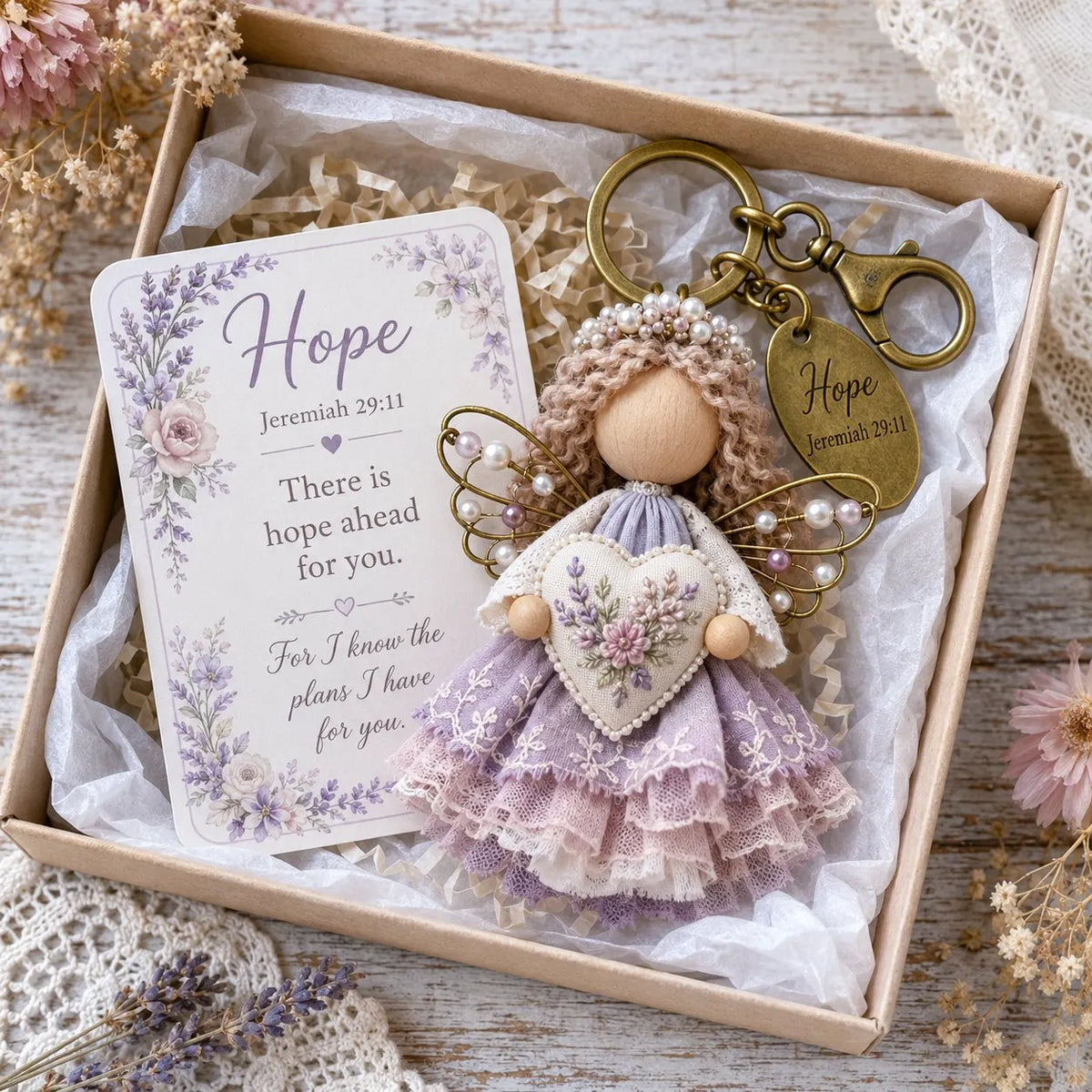 🪽 Faith Guardian Keychain Scripture Gift Set Collection | Layered Fabric Charm, Inspirational Scripture Card & Ready-to-Gift Box Included 💕