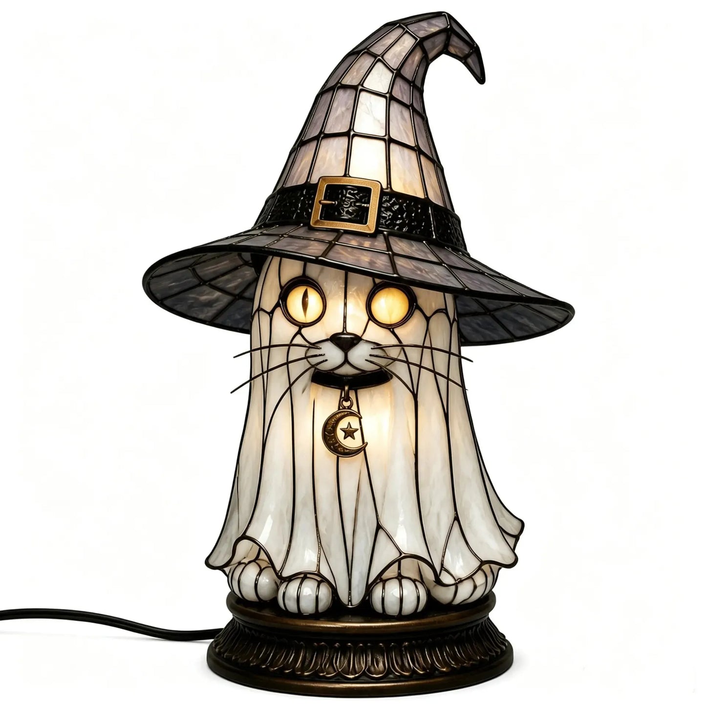 🐈 Gothic Stained Glass Witch Black Cat Table Lamp | Halloween Witch Hat Night Light Decor