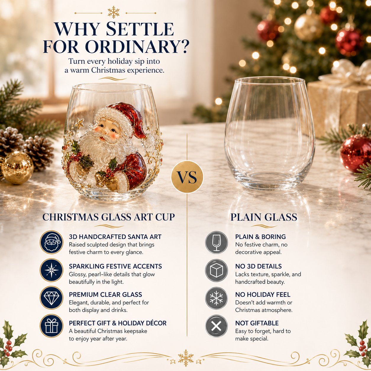 🎅🎄 3D Christmas Glass Art Cup | Luxury Raised Holiday Glassware for Drinks, Decor & Christmas Gifts 🎁