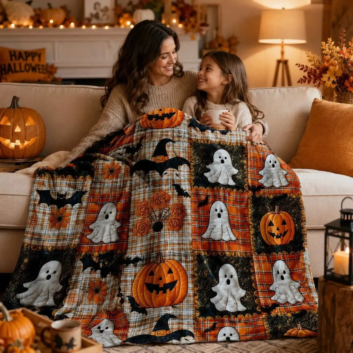 🎃🔥Halloween Pumpkin & Bat Flannel Throw Blanket, Soft Lightweight Cozy Blanket for Sofa & Bed