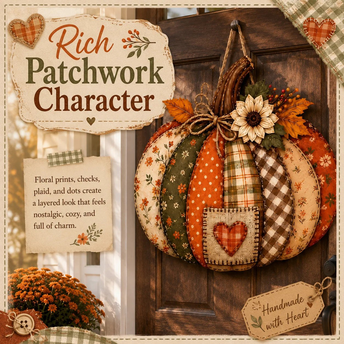 🍂🎃Retro Patchwork Pumpkin Door Hanging with Lights