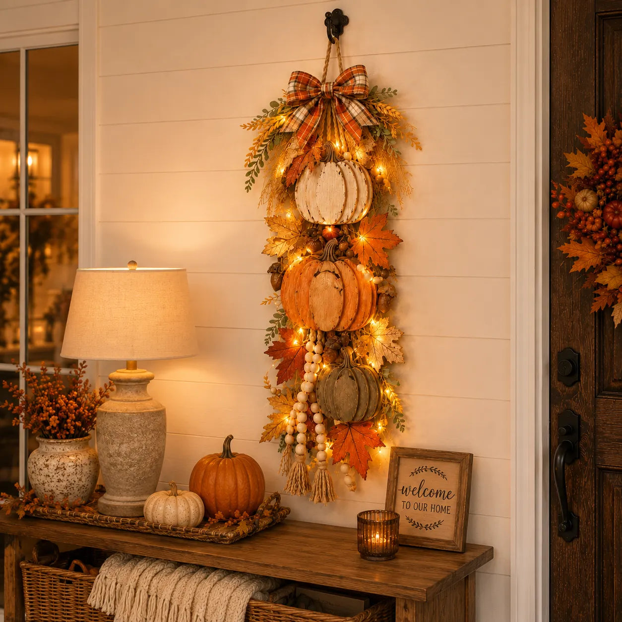 🏡🎃Rustic Wooden Pumpkin Door Hanging with Warm LED Lights