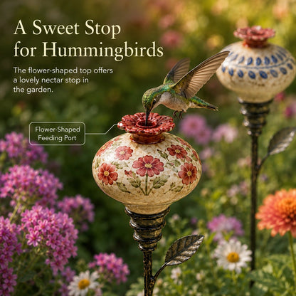 🐦🌸Vintage Ceramic Hummingbird Feeder Garden Decor Stake - Blue Leaf Pattern