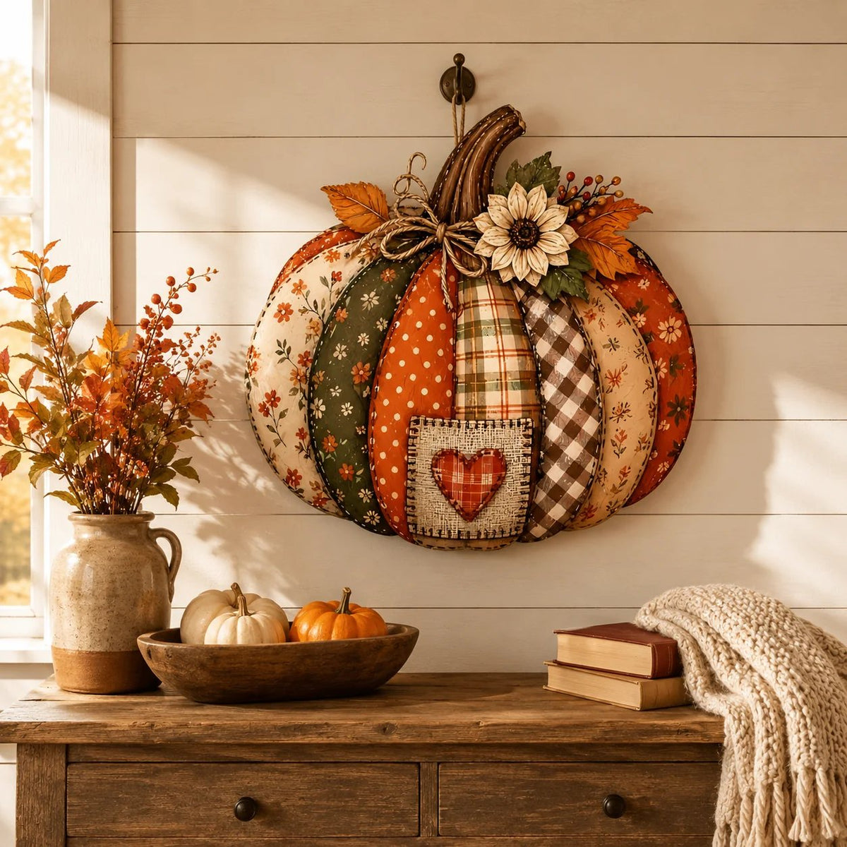 🍂🎃Retro Patchwork Pumpkin Door Hanging with Lights