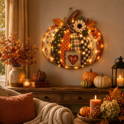 🍂🎃Retro Patchwork Pumpkin Door Hanging with Lights