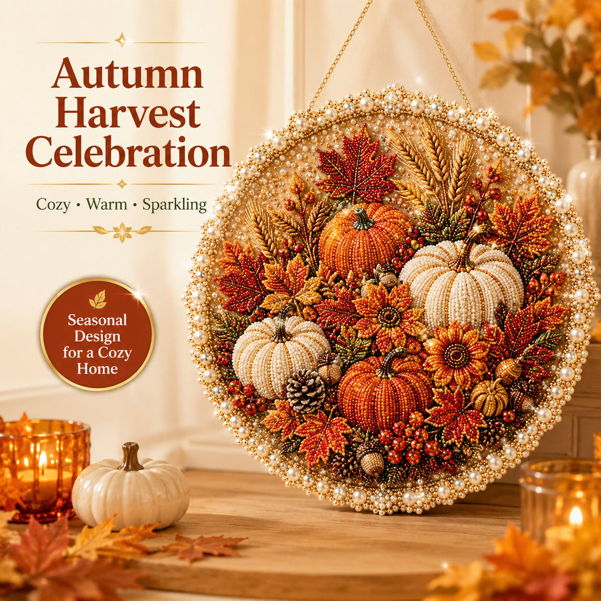 🎄☃️✨ Four Seasons & Holiday Pearl Art Hanging Wreath Kit💎Luxury Flocked Canvas with Scratch-Resistant Non-Fading Pearl Beads DIY Handmade Seasonal Decor 🌸🌻🍂🎄