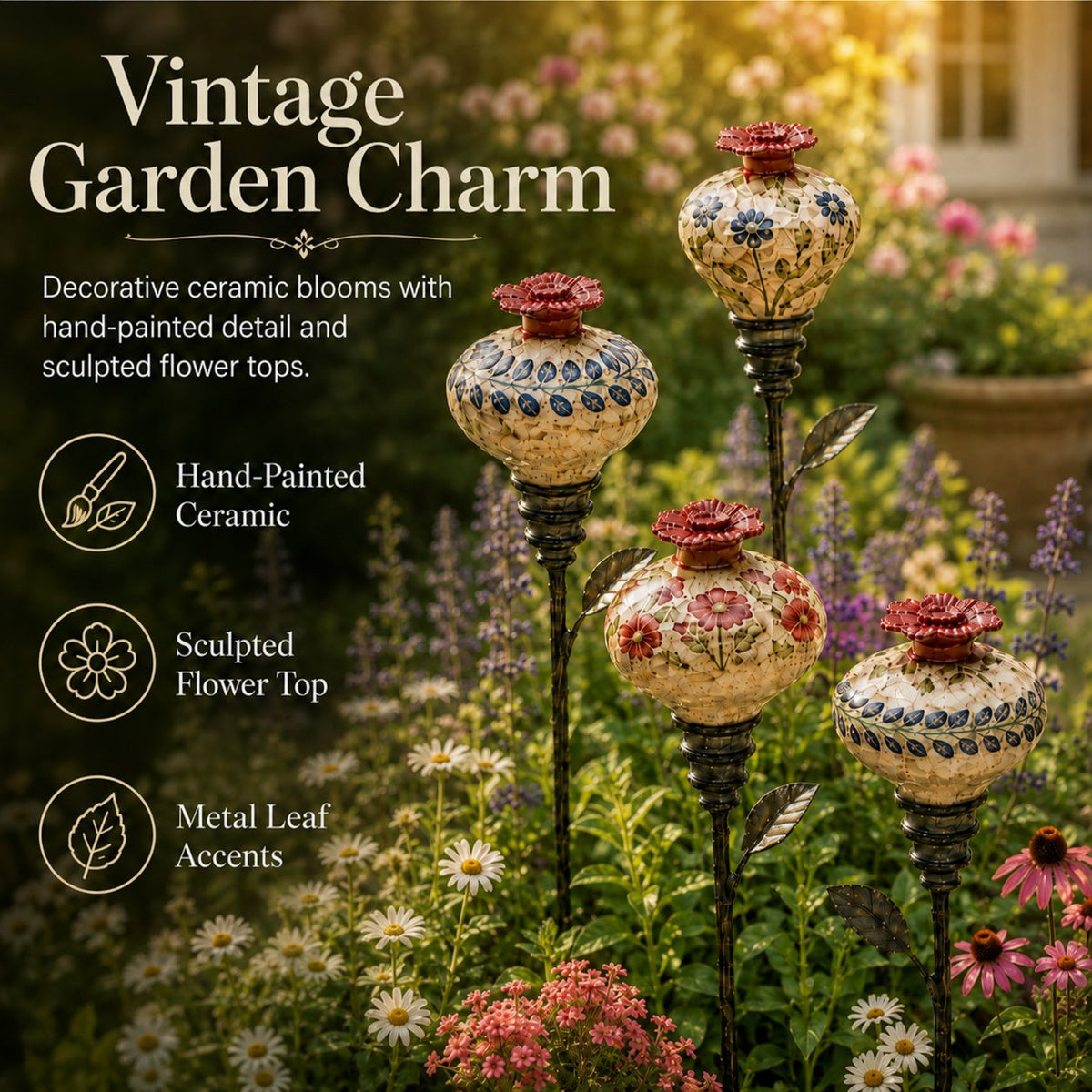 🐦🌸Vintage Ceramic Hummingbird Feeder Garden Decor Stake - Blue Leaf Pattern