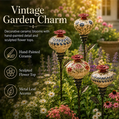 🐦🌸Vintage Ceramic Hummingbird Feeder Garden Decor Stake - Blue Leaf Pattern