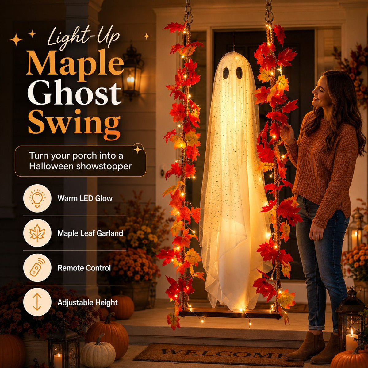 👻🍁Light-Up Maple Ghost Swing Halloween Decoration