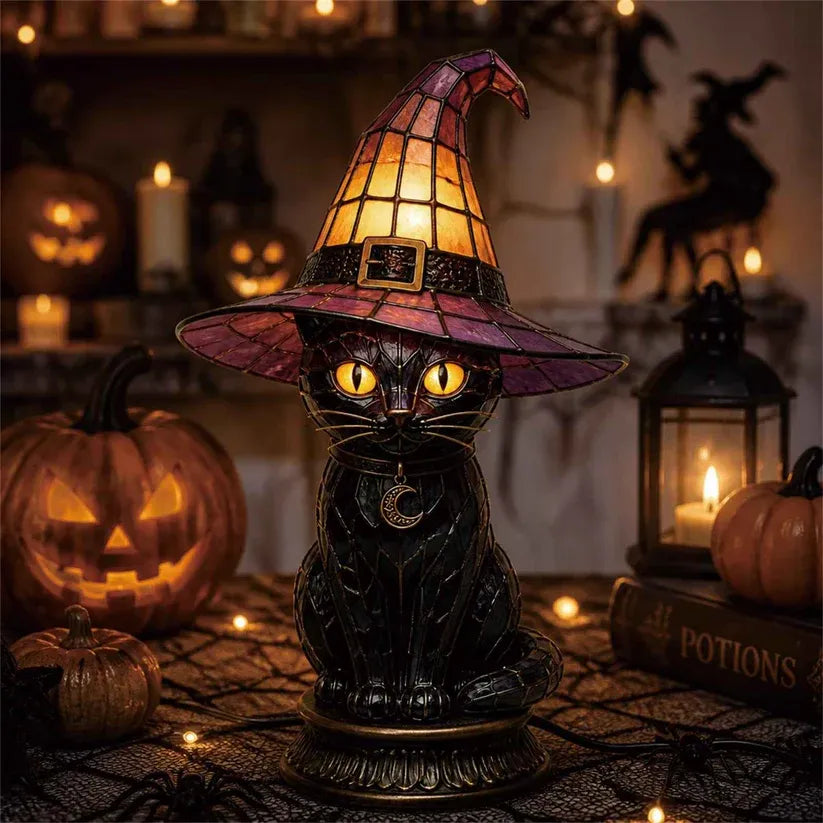 Gothic Stained Glass Witch Black Cat Table Lamp | Halloween Witch Hat Night Light Decor