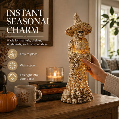 🎃 Glowing Skull Witch Halloween Statue | Cozy Spooky Indoor Decor