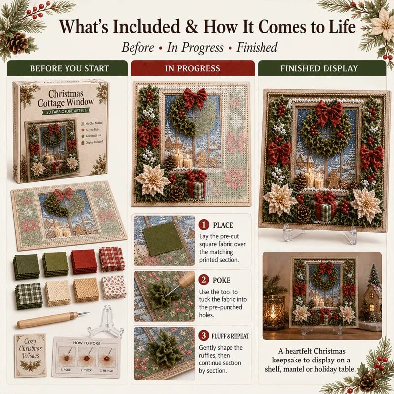 🎄DIY 3D Fabric Poke Art Christmas Keepsake Kit – No-Sewing Holiday Craft with Display Stand ✨