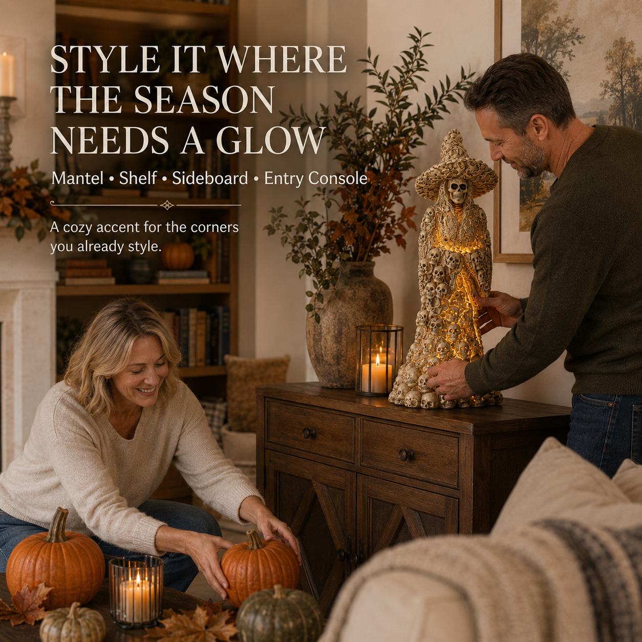 🎃 Glowing Skull Witch Halloween Statue | Cozy Spooky Indoor Decor