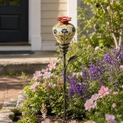 🐦🌸Vintage Ceramic Hummingbird Feeder Garden Decor Stake - Blue Leaf Pattern