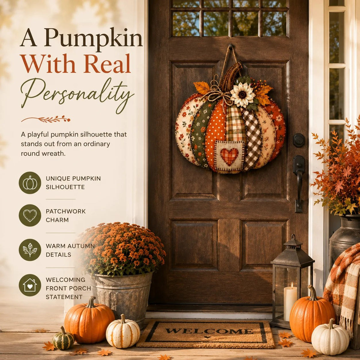 🍂🎃Retro Patchwork Pumpkin Door Hanging with Lights