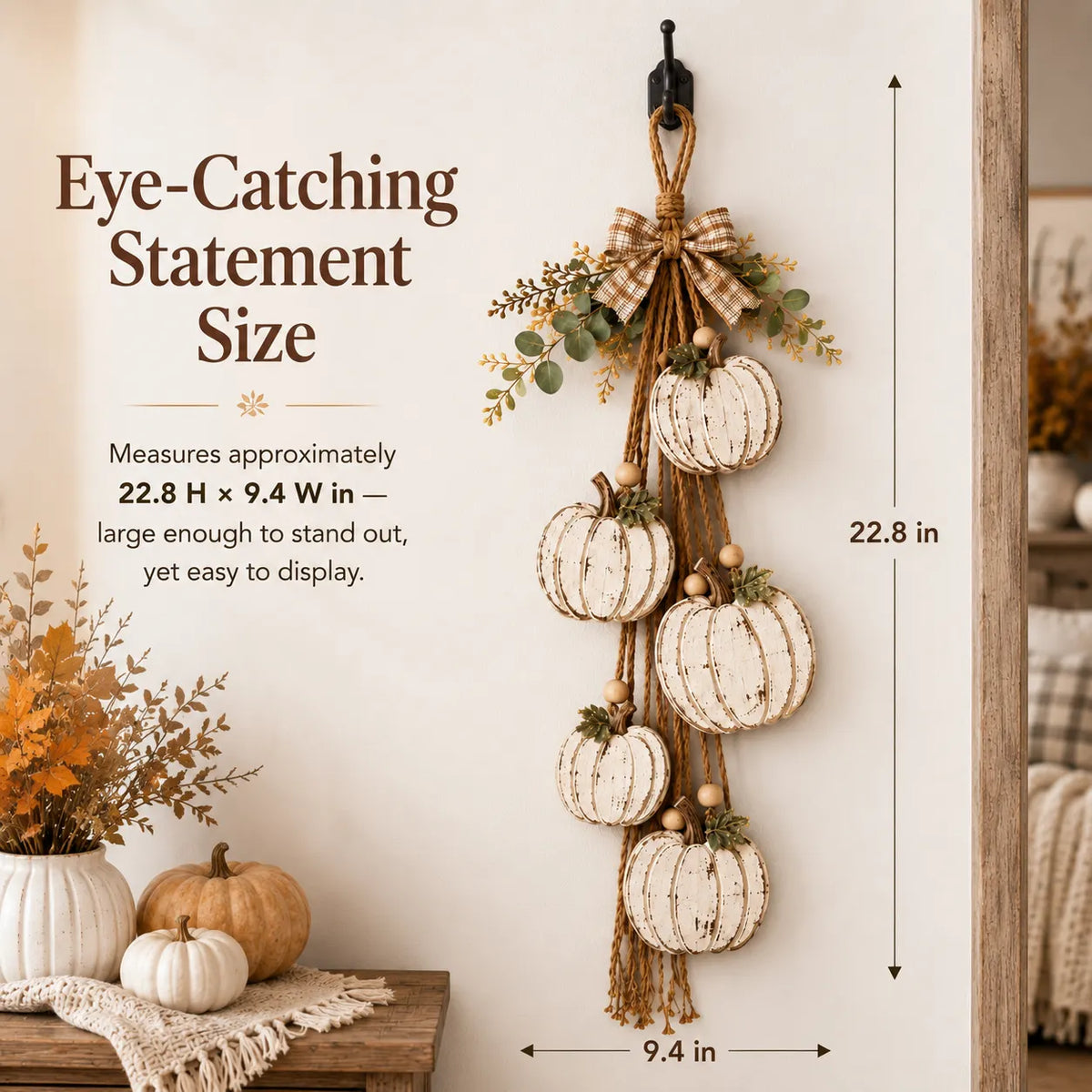 Rustic White Pumpkin Hanging Swag – 5-Pumpkin Fall Wall & Door Decor