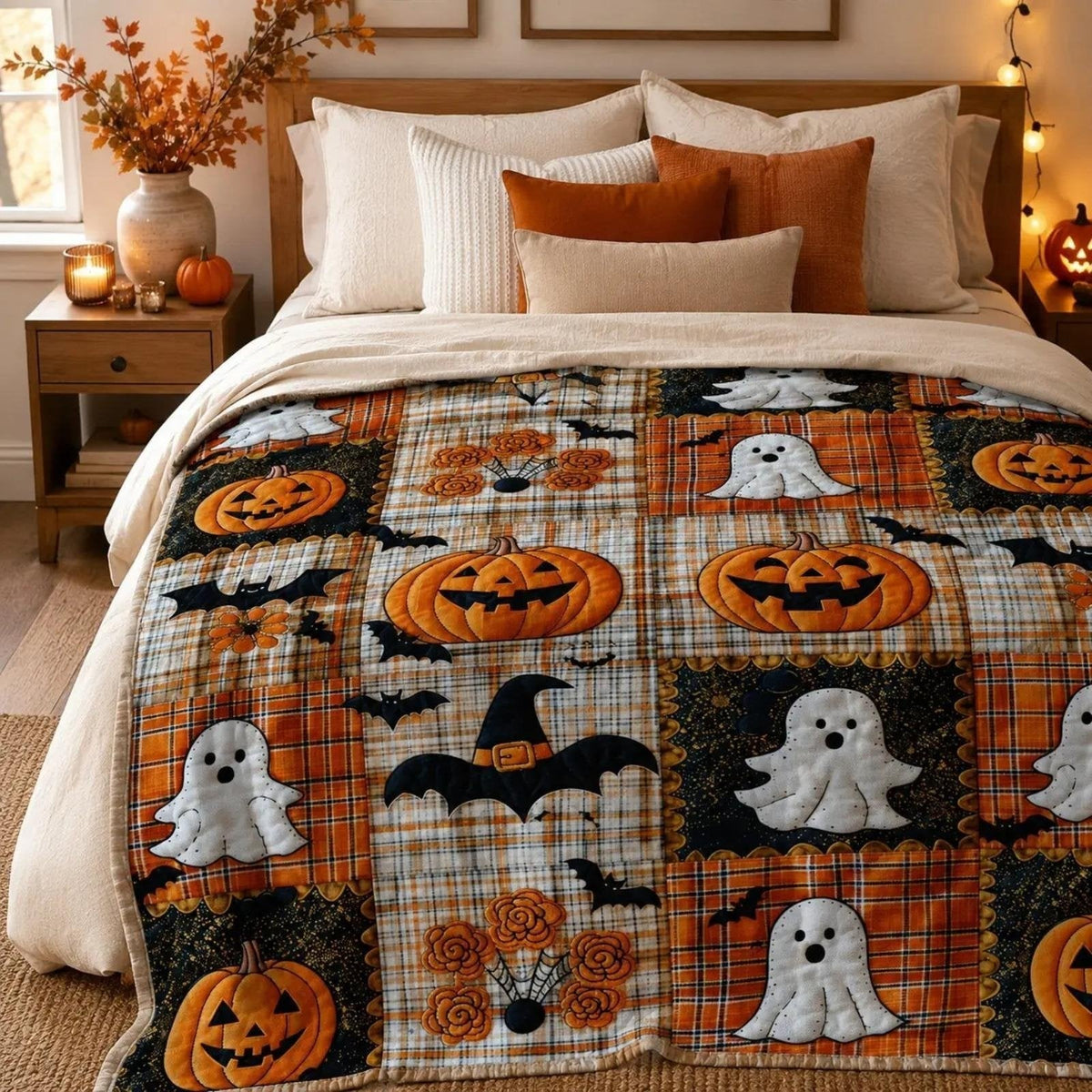 🎃🔥Halloween Pumpkin & Bat Flannel Throw Blanket, Soft Lightweight Cozy Blanket for Sofa & Bed