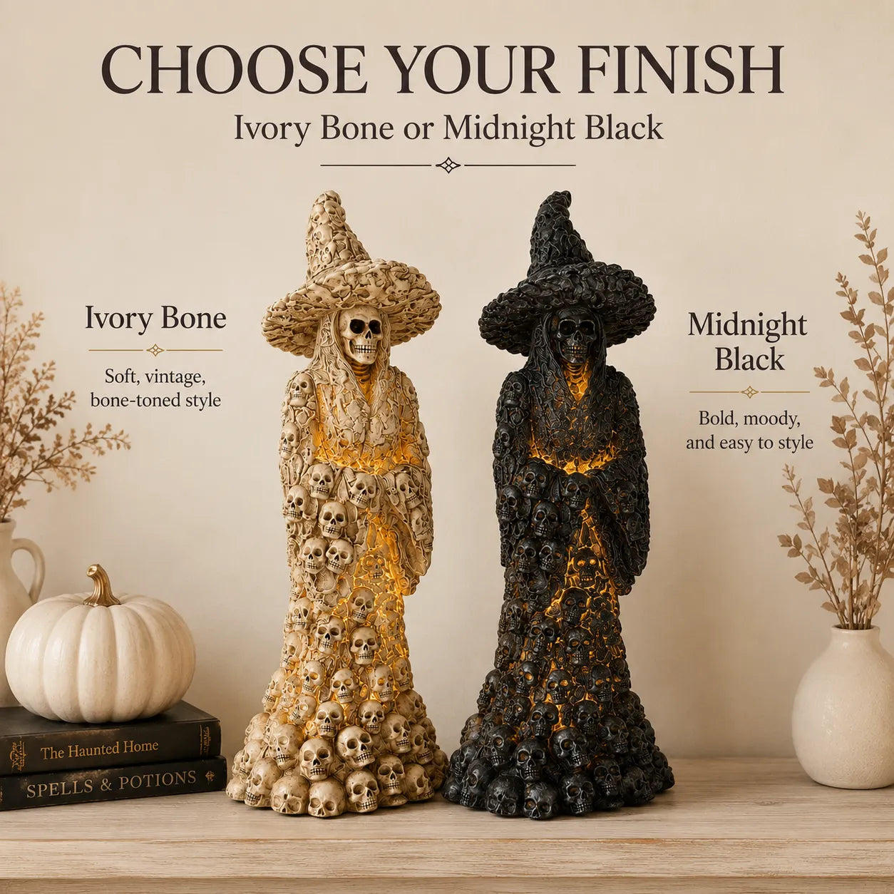 🎃 Glowing Skull Witch Halloween Statue | Cozy Spooky Indoor Decor