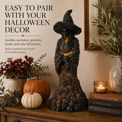 🎃 Glowing Skull Witch Halloween Statue | Cozy Spooky Indoor Decor